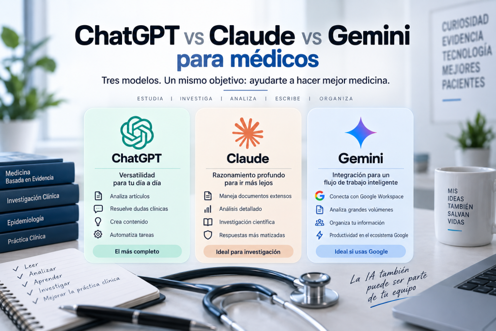ChatGPT vs Claude vs Gemini para médicos: ¿cuál es mejor en 2026?